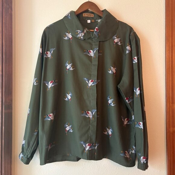 VTG 80s Ruff Hewn Duck Hunting Green Blouse Button Down Shirt Old Money Size XL - Picture 3 of 5